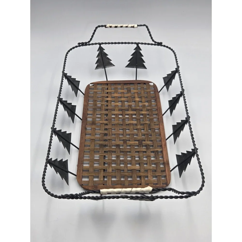 Vintage Wicker Wire Pine Tree Rectangle Bread Basket Tray Handles Holiday